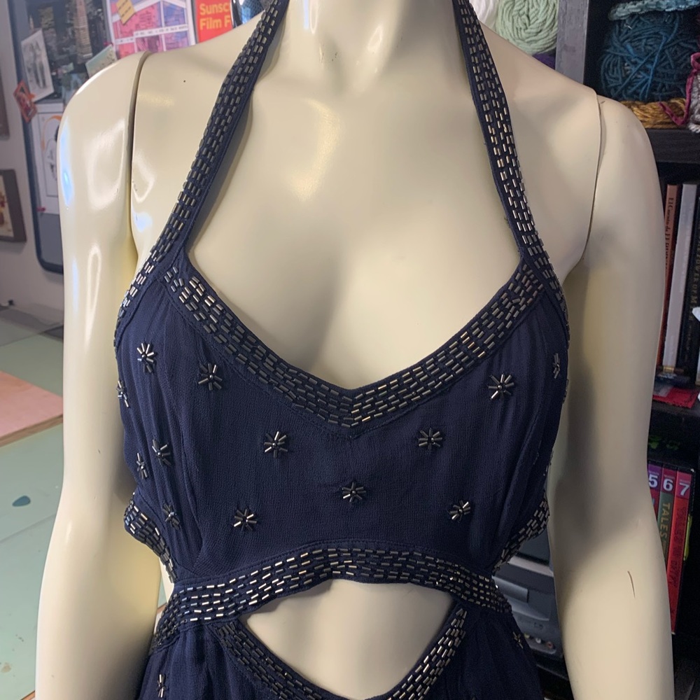 Free People Navy Blue Beaded Cutout Mini Club Dress - Picture 4 of 13